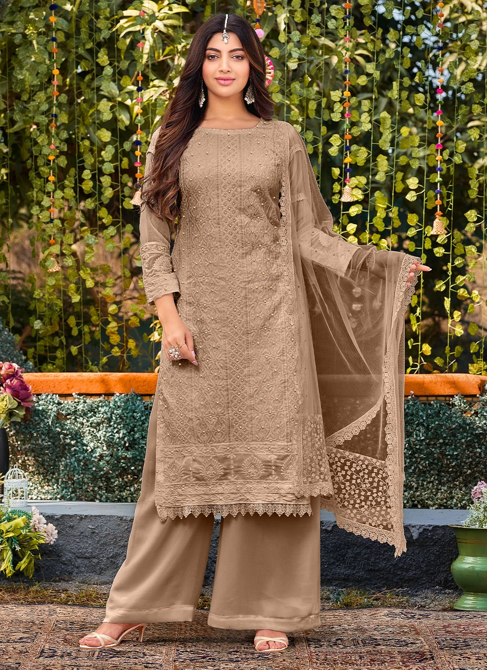 Brown Embroidered Faux Georgette Salwar Suit